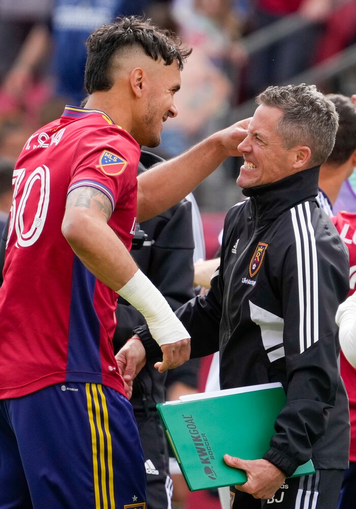 (Leah Hogsten | The Salt Lake Tribune) Real Salt Lake assistant coach Brett Jacobs celebrates the win with Real Salt Lake defender Marcelo Silva (30) as Real Salt Lake hosts LA Galaxy at Rio Tinto Stadium, Saturday, April 30, 2022. Real Salt Lake defender Marcelo Silva (30) scored the one goal to win the match 1-0.
