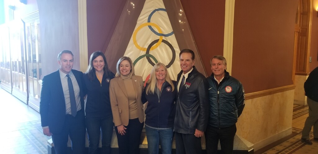 (Salt Lake Tribune | Julie Jag)
U.S. Olympic and Paralympic Committee CEO Sarah Hirshland, third from left, joins the Salt Lake City-Utah Committee for the Games at city hall on Friday, Feb. 14, 2020. The committee includes, from left, Colin Hilton, Erin Mendenhall, Cindy Crane, Fraser Bullock and Jeff Robbins.