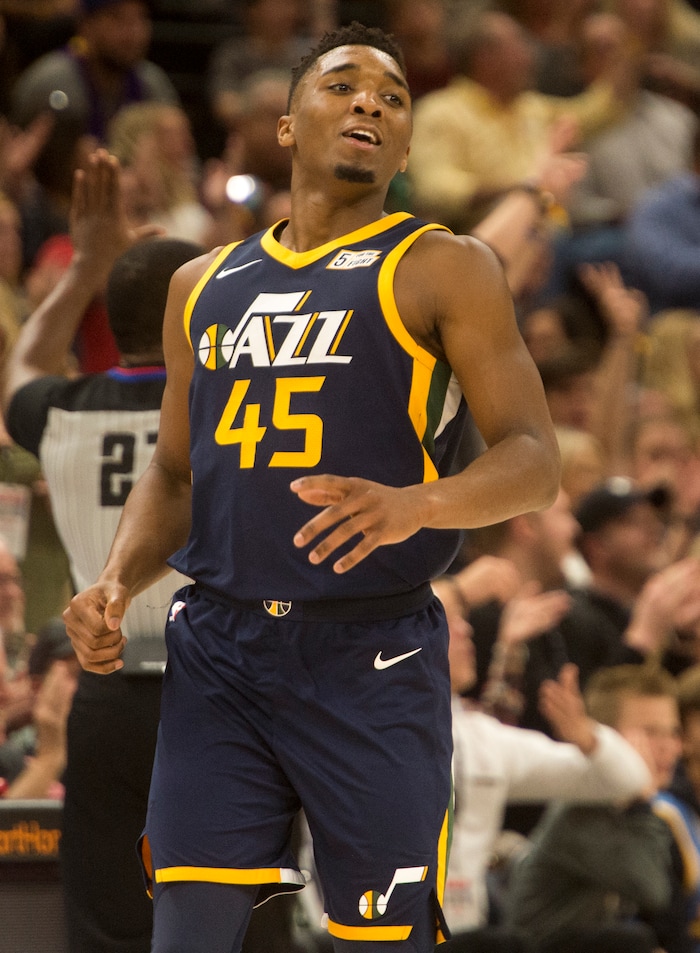 (Rick Egan  |  The Salt Lake Tribune)   Utah Jazz guard Donovan Mitchell (45) reacts after hitting a big three-pointer late in the game, in NBA action, Utah Jazz vs. Los Angeles Lakers, in Salt Lake City, Saturday, October 28, 2017.