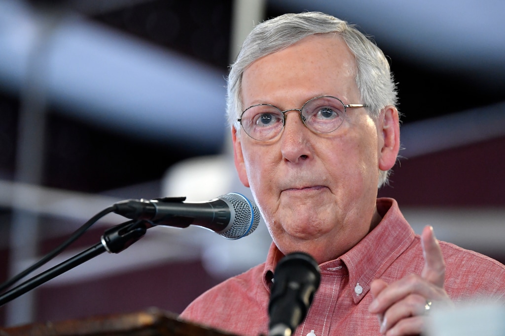(Timothy D. Easley | AP) Senate Majority Leader Mitch McConnell, R-Ky., addresses the audience gathered at the Fancy Farm Picnic in Fancy Farm, Ky., Saturday, Aug. 3, 2019. McConnell said Thursday he wants Congress to consider legislation to expand federal background checks and other gun violence measures when lawmakers return in the fall.