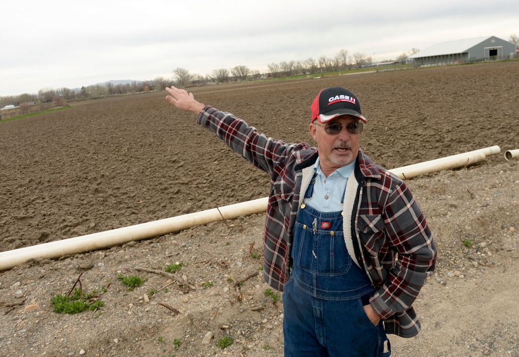 (Al Hartmann  |  The Salt Lake Tribune) Longtime Utah farmer Alan Bangerter stands in front of a 23-acre field where he grows vegetables. Farmington want to take 11 acres of the land for a city park with soccer fields.