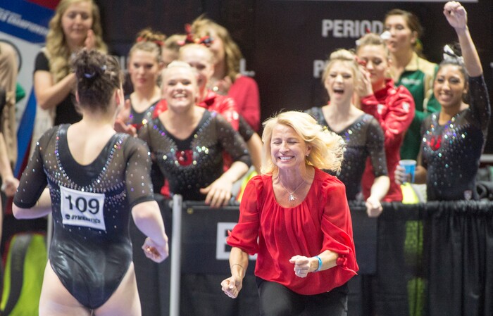 Rick Egan  |  The Salt Lake TribuneUtah head coach Megan Marsden congratulates Samantha Partyka after her balance beam routine, in the NCAA Regional Championships, at the Huntsman Center, Saturday, April 2, 2016.