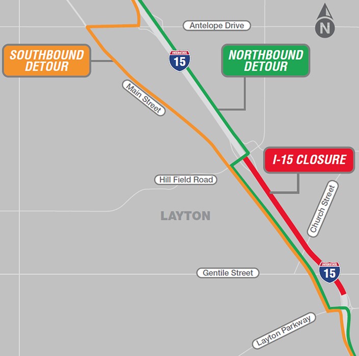 (Courtesy of UDOT) Detour routes during closure of Interstate 15 in Layton during overnight hours this weekend.