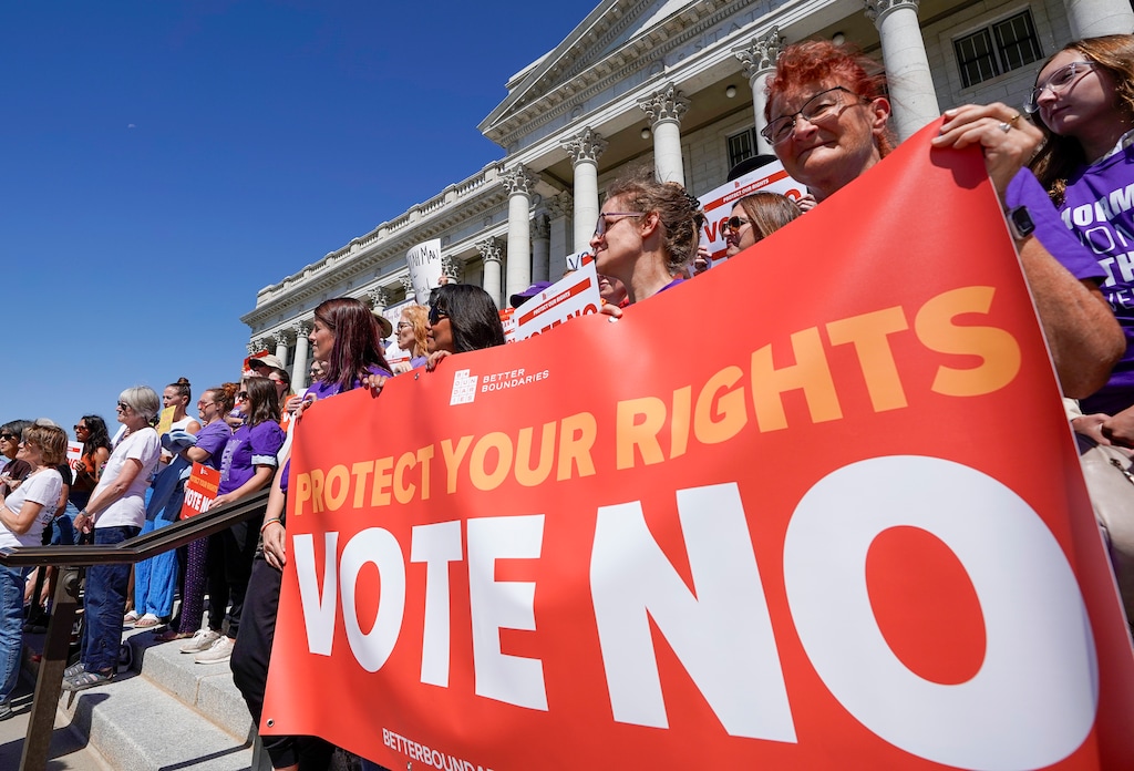 (Chris Samuels | The Salt Lake Tribune) Members of the public attend a rally against a proposed constitutional amendment to reform the citizen initiative process at the Capitol in Salt Lake City, Monday, Aug. 26, 2024.