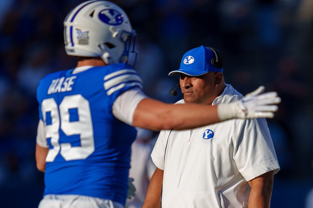 (Trent Nelson | The Salt Lake Tribune) Kalani Sitake as BYU hosts Texas Tech, NCAA football in Provo on Saturday, Oct. 21, 2023.