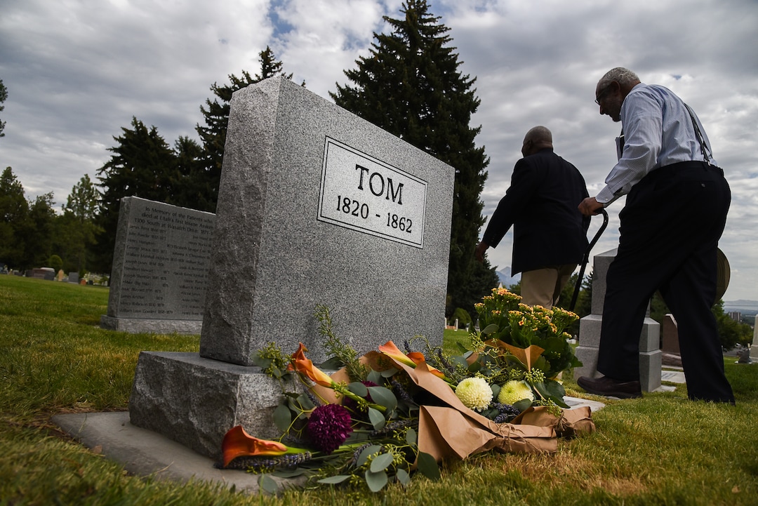 (Francisco Kjolseth  |  The Salt Lake Tribune)  In conjunction with the 400th anniversary of the arrival of African slaves in the United States, Salt Lake City dedicated the first grave marker for Tom, an enslaved Black pioneer who was buried in the Salt Lake City Cemetery in 1862. The placement and dedication of the marker on Thursday, Aug. 22, 2019, is the result of research initially conducted by Mark Smith, the former sexton of the Cemetery.