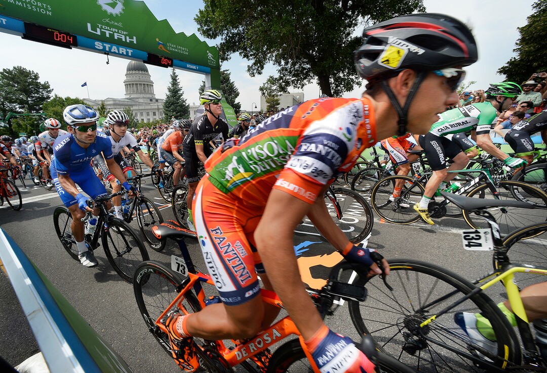 (Scott Sommerdorf   |  The Salt Lake Tribune)   Riders begin the rolling, or "neutral" start of the 2017 Tour of Utah, Sunday, August 6, 2017.  