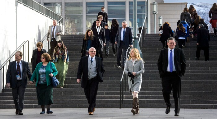 (Steve Griffin  |  The Salt Lake Tribune) Mourners leave the Conference Center after paying their last respects to LDS Church President Thomas S. Monson during a public viewing in Salt Lake City Thursday January 11, 2018.
