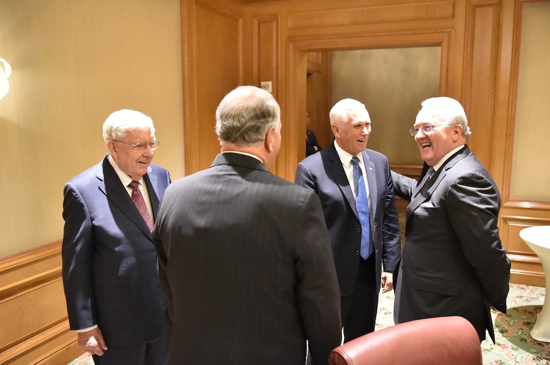 (Photo courtesy of The Church of Jesus Christ of Latter-day Saints)
U.S. Vice President Mike Pence, center right, meets in Salt Lake City with general authority Seventy Jack N. Gerard, right, and apostles M. Russell Ballard, left, and Ronald A. Rasband, center, on Aug. 22, 2019.