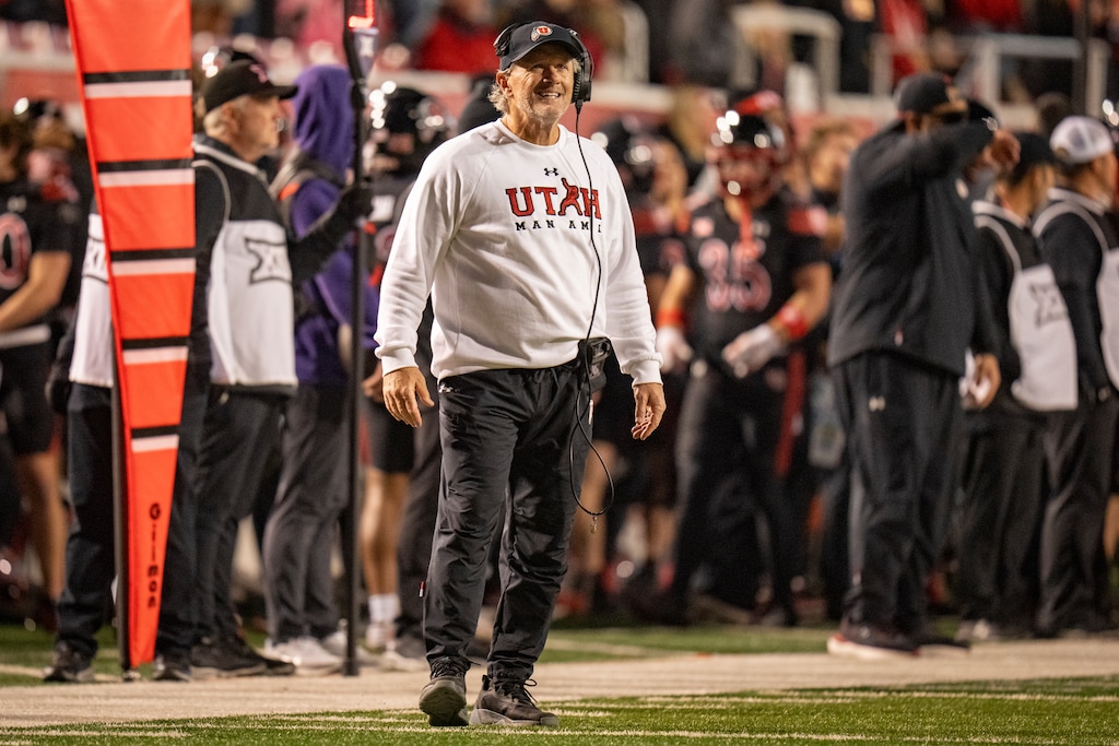 (Rick Egan | The Salt Lake Tribune)  Utah Utes head coach Kyle Whittingham checks the scoreboard as the Utes close the lead late in the game in their win over the Kansas State Wildcats in Big-2 Football action at Rice-Eccles Stadium, on Saturday, Nov. 22, 2025.