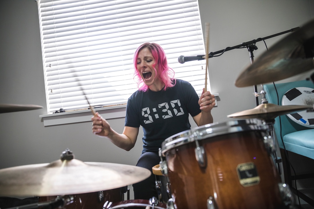 (Clark Clifford  |  For The Salt Lake Tribune) Elaine Bradley of Noble Bodies drumming during a practice for an upcoming show in the bandÕs rehearsal space in Orem on Saturday Aug. 3, 2019.