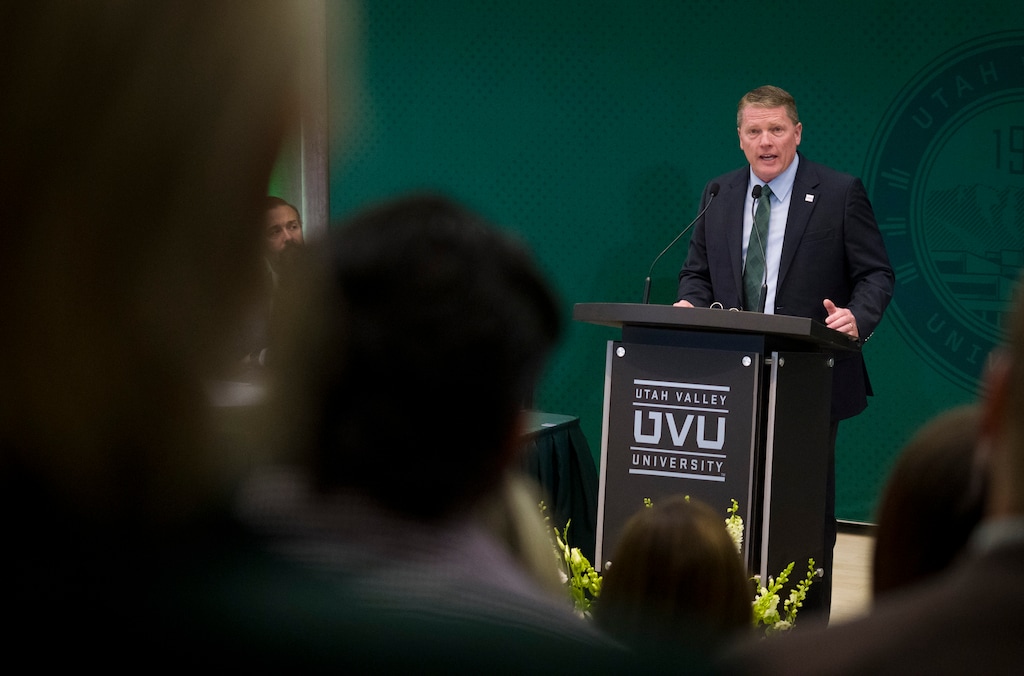 (Bethany Baker  |  The Salt Lake Tribune) Incoming UVU President Jon Anderson speaks during the event announcing his selection at Utah Valley University in Orem on Friday, July 17, 2026.