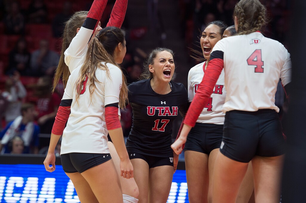 (Scott Sommerdorf   |  The Salt Lake Tribune file photo)   
Brianna Doehrmann celebrates a second set point with team mates. Utah beat Purdue three sets to one in the second round of the NCAA volleyball tournament, Friday, December 1, 2017.