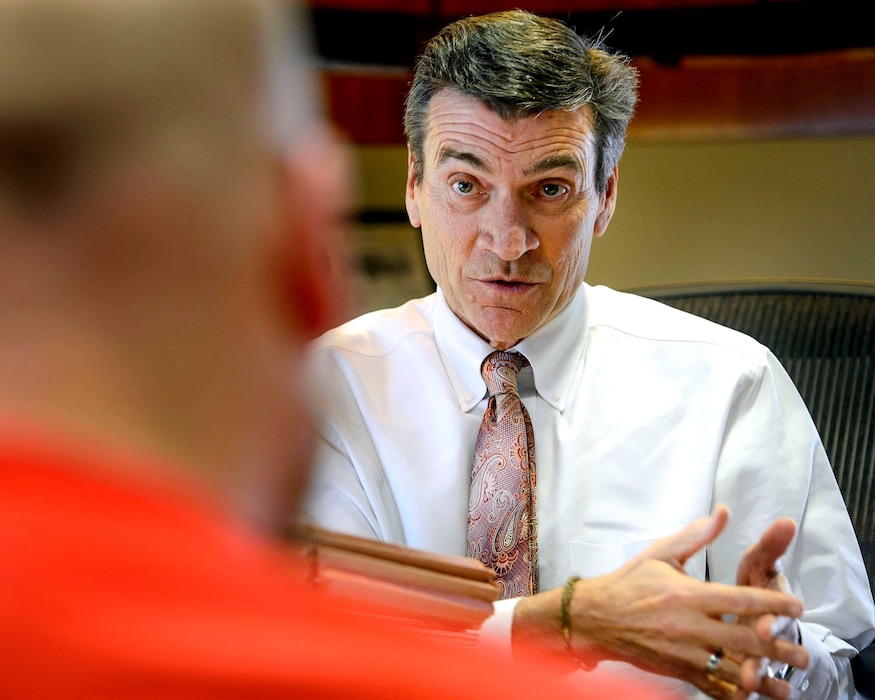 (Steve Griffin  |  The Salt Lake Tribune) Attorney Greg Skordas speaks with a client who is seeking to expunge his criminal record after being picked up in a Rio Grande crime sweep. Salt Lake County is helping former offenders clear their criminal records if they meet qualifications dyrubg their "Expungement Day" event on April 5. Skordas is helping with expungements pro bono for drug court clients and volunteered to do them for this event as well. He was photographed in his Salt Lake City offices Friday Feb. 23, 2018.