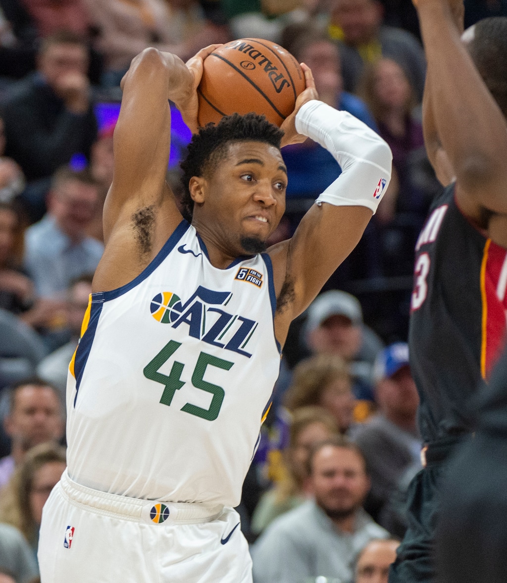 (Rick Egan  |  The Salt Lake Tribune)     Utah Jazz guard Donovan Mitchell (45) throws the ball down court, in NBA action between Utah Jazz and Miami Heat, at Vivint Smart Home Arena Wednesday, Dec. 12, 2018.