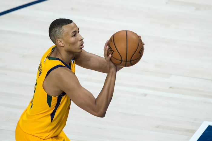 (Chris Detrick  |  The Salt Lake Tribune)  Utah Jazz guard Dante Exum (11) shoots a free throw during the game at Vivint Smart Home Arena Thursday, March 15, 2018. 