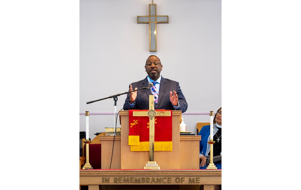 (Rick Egan | The Salt Lake Tribune) The Rev. Daryell Jackson speaks during the groundbreaking ceremony for the fellowship hall renovation at Trinity AME Church on Monday, May 1, 2023.