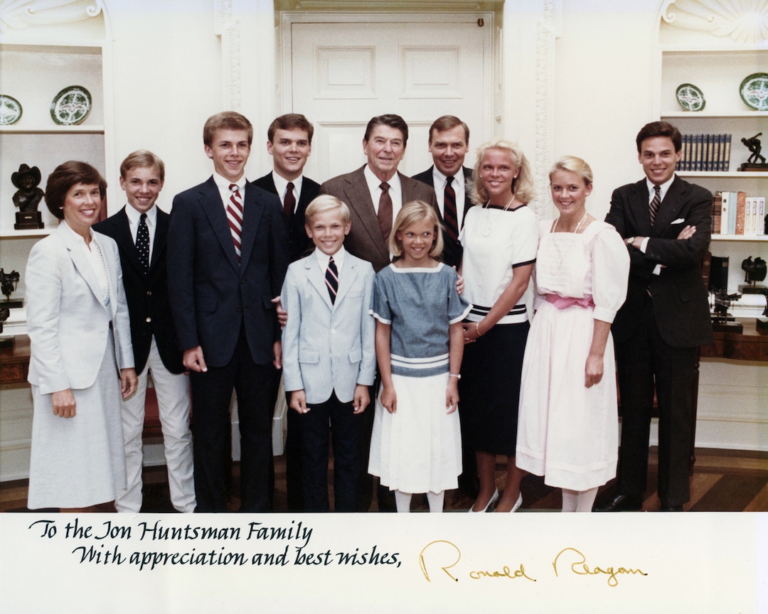 (photo courtesy Huntsman family) The Huntsman family visits with President Ronald Reagan in the Oval Office in 1983.