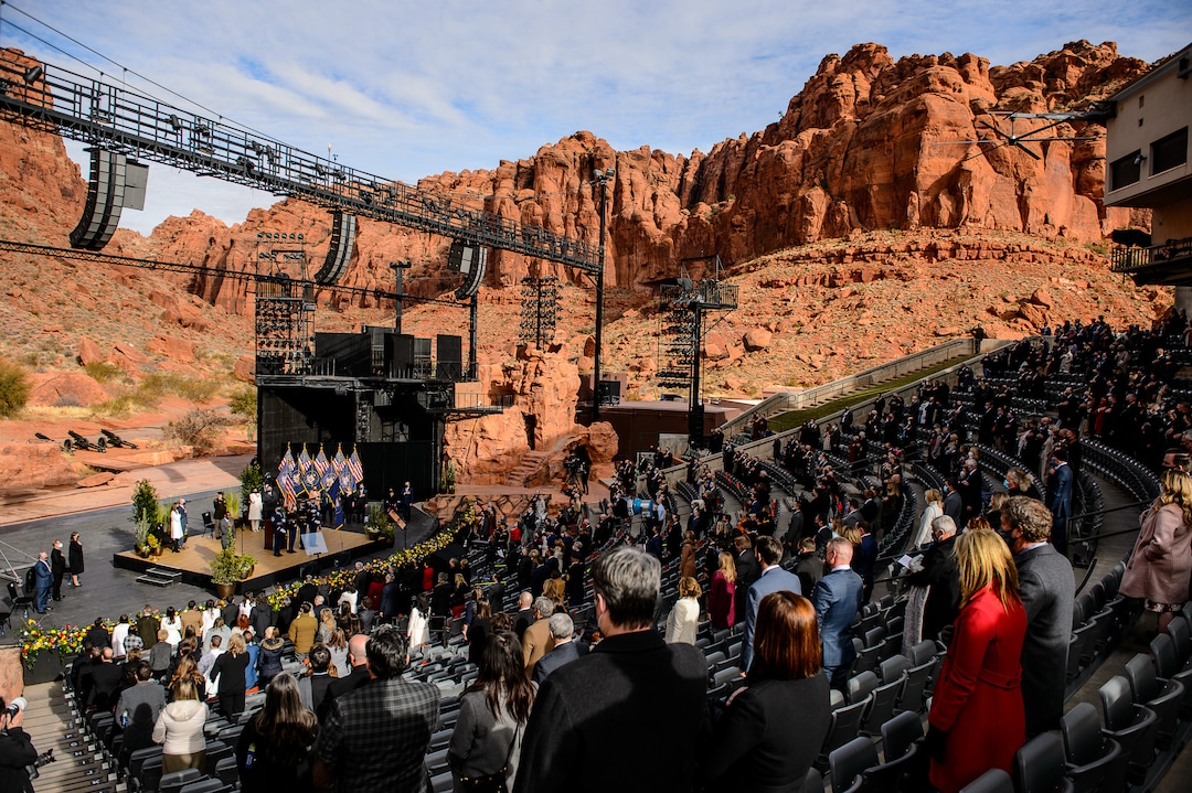 (Trent Nelson  |  The Salt Lake Tribune) Attendees stand for the National Anthem at the inauguration of Spencer Cox as Utah's 18th governor at Tuacahn Center for the Arts in Ivins on Monday, Jan. 4, 2021.