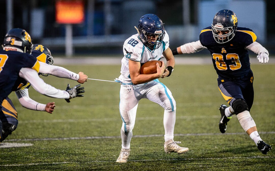 (Trent Nelson | The Salt Lake Tribune)  Juan Diego's Tristen Tonozzi runs the ball. Summit Academy faces Juan Diego High School in a class 3A state semifinal football game at Weber State University's Stewart Stadium, Saturday November 4, 2017.