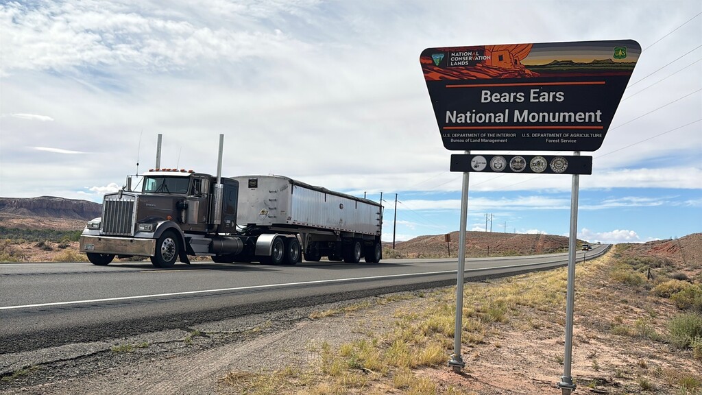 (Zac Podmore | Writers on the Range) An Energy Fuels truck carries uranium ore from a mine near the Grand Canyon through Bears Ears National Monument to a mill in San Juan County, Utah.