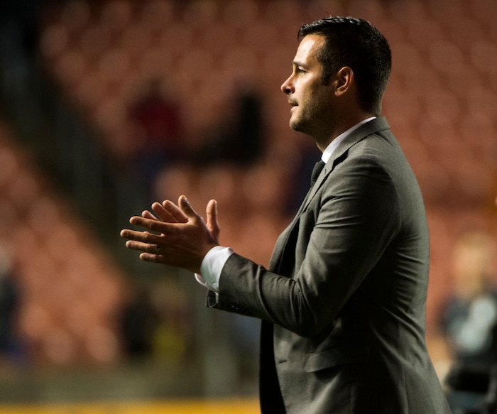 Rick Egan  |  The Salt Lake Tribune)        Real Salt Lake head coach Jeff Cassar, claps for the crowd, after after Real Salt Lake defeated Vancouver Whitecaps 2-0, in MLS action at Rio Tinto Stadium, Saturday, April 7, 2018.


