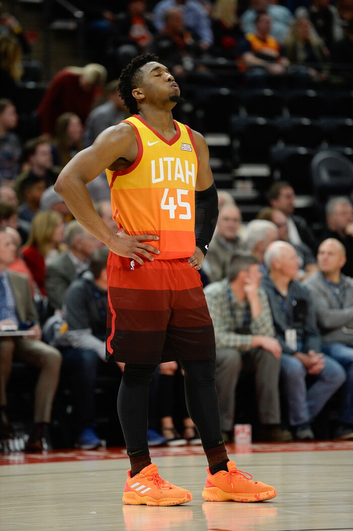 (Francisco Kjolseth  |  The Salt Lake Tribune)  Utah Jazz guard Donovan Mitchell (45) shows his frustration as the final seconds count down to a 110 to 119 loss to the Sacramento Kings during the second half of the NBA game at Vivint Smart Home Arena Wed., Nov. 21, 2018, in Salt Lake City.
