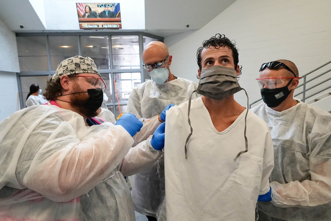 (Francisco Kjolseth | The Salt Lake Tribune) Kyle Shields receives the COVID-19 vaccine from Nomi Health staff at the Utah State Prison in Draper, on Tuesday, July 27, 2021, during a vaccine event with incoming inmates.