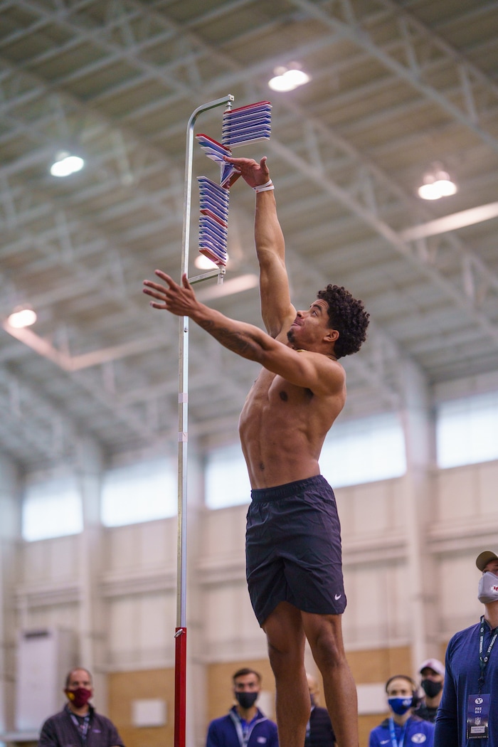 (Trent Nelson | The Salt Lake Tribune) Chris Wilcox registers a 37.5" vertical jump during BYU football Pro Day, in Provo on Friday, March 26, 2021.