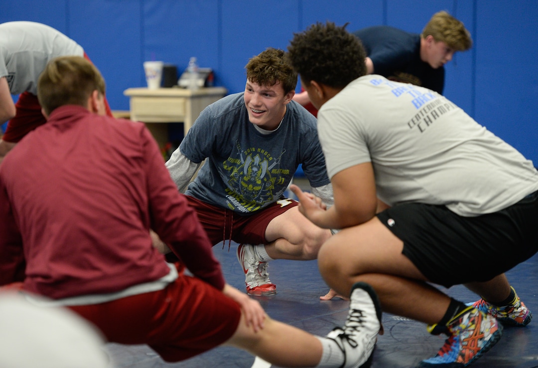 (Francisco Kjolseth  |  The Salt Lake Tribune)  Young Herriman High School wrestlers warm up prior to an introductory clinic with Olympic wrestling champion Rulon Gardner on Wed. May 16, 2018. Gardner a retired Greco-Roman wrestler won the gold medal in 2000 and the bronze in 2004, is the new wrestling coach at the school. 