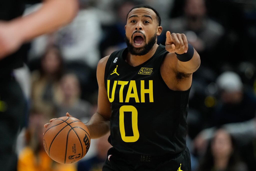(Francisco Kjolseth | The Salt Lake Tribune) aUtah Jazz guard Talen Horton-Tucker (0) yells out to his teammates as the Utah Jazz take on the Portland Trail Blazers in NBA basketball at Vivint Arena in Salt Lake City on Saturday, Dec. 3, 2022.