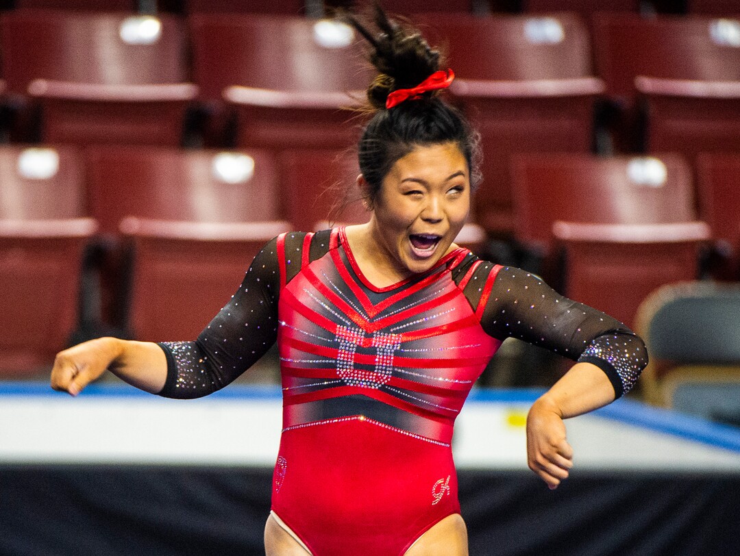 (Rick Egan | The Salt Lake Tribune) Cristal Isa makes a face after competing on the floor for Utah in the Best of Utah gymnastics meet at the Maverik Center on Saturday, Jan. 9, 2021.