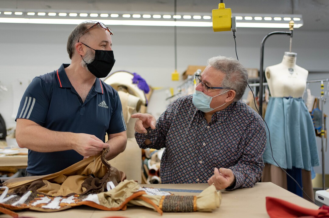 (Francisco Kjolseth | The Salt Lake Tribune) David Heuvel, right, the retiring director of costume production at Ballet West, speaks with Jason Hadley, who is taking over the role, as they work to complete costumes for and upcoming performance of Romeo and Juliet by Ballet West on Thursday, Feb. 3, 2022.