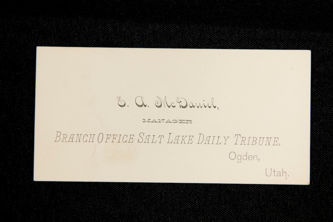 (Jeremy Harmon  |  The Salt Lake Tribune) This business card for The Salt Lake Tribune's Ogden office was found among items in a time capsule that was buried in the corner stone of Ogden Academy on September 27, 1887. Items from the time capsule were displayed at the Utah State Archives on Wednesday, Oct. 16, 2019.