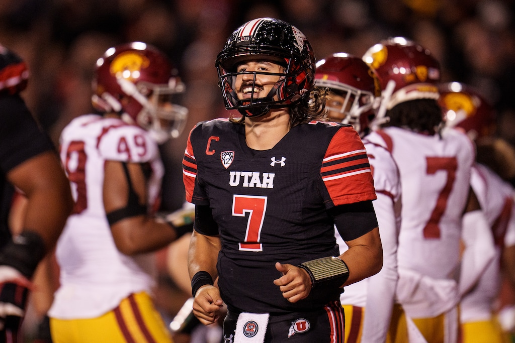(Trent Nelson  |  The Salt Lake Tribune) Utah Utes quarterback Cameron Rising (7) celebrates a touchdown as the University of Utah hosts USC, NCAA football in Salt Lake City on Saturday, Oct. 15, 2022.