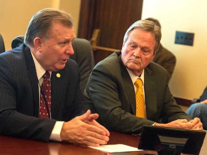 (Rick Egan  |  The Salt Lake Tribune)   Sen. Curt Bramble and Sen. Jerry Stephenson meet with Rep. Timothy Hawks to work out details on the alcohol bill, Thursday, March 14, 2019. 

