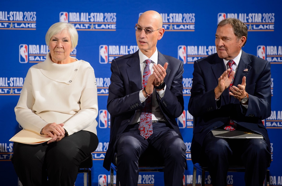 (Trent Nelson  |  The Salt Lake Tribune)Larry H. Miller Group of Companies owner Gail Miller, NBA Commissioner Adam Silver, and Utah Governor Gary Herbert as the Utah Jazz and NBA announce that Salt Lake City will host the 2023 NBA All-Star Game at a news conference on Wednesday Oct. 23, 2019.