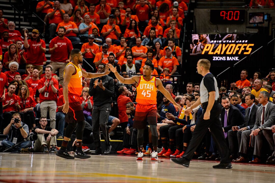 (Trent Nelson | The Salt Lake Tribune)  Utah Jazz host the Oklahoma City Thunder, Game 3, NBA playoff basketball in Salt Lake City, Saturday April 21, 2018. Utah Jazz forward Derrick Favors (15) and Utah Jazz guard Donovan Mitchell (45).