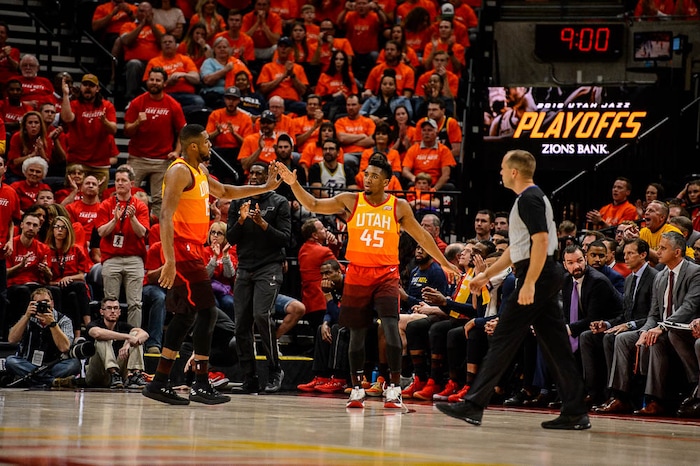(Trent Nelson | The Salt Lake Tribune)  
Utah Jazz host the Oklahoma City Thunder, Game 3, NBA playoff basketball in Salt Lake City, Saturday April 21, 2018. Utah Jazz forward Derrick Favors (15) and Utah Jazz guard Donovan Mitchell (45).