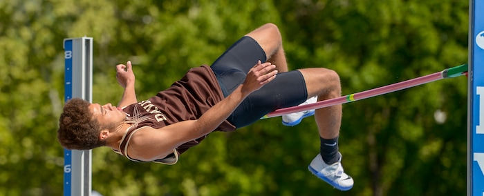 (Leah Hogsten | The Salt Lake Tribune) Davis' Xakai Harry laments not being able to clear 6' 8", but he took home 1st place with his jump of 6' 6" in the 6A Boys' High Jump at the 2018 Utah UHSAA State Track and Field Championships at Clarence Robison Track on the campus of Brigham Young University in Provo, Thursday, May 17, 2018.