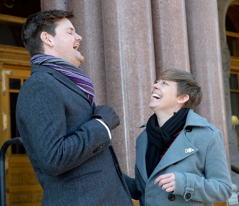 (Al Hartmann  |  The Salt Lake Tribune) 	Newly elected City Council Members Chris Wharton, left, and Amy N. Fowler enjoy a laugh after taking the oath of office in ceremony outside the City-County Building Tuesday Jan. 2.  