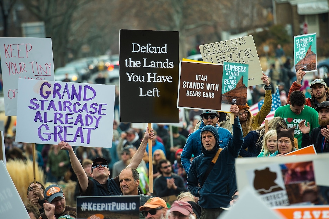 (Chris Detrick  |  The Salt Lake Tribune) Supporters of the Bears Ears and Grand Staircase-Escalante National Monuments rally at the Utah State Capitol Saturday, December 2, 2017.  Utah Highway Patrol estimated 5,000 people attended the rally. 