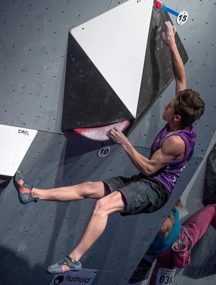 (Leah Hogsten  |  The Salt Lake Tribune) Zach Galla falls off a problem while competing during USA Climbing's Bouldering Open National Championships at the Salt Palace Convention Center, Saturday, February 3, 2018 in Salt Lake City, UT. 

. 