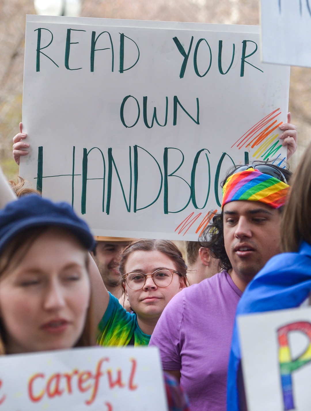 (Leah Hogsten  |  The Salt Lake Tribune)  Brigham Young University LGBTQ students took their concerns about the schoolÕs policy reversal regarding romantic behavior by same-sex couples to The Church of Jesus Christ of Latter-day Saints office building, Mar. 6, 2020. Despite removing the section on Òhomosexual behaviorÓ from BYU Honor Code last month, The LDS Church has clarified for the first time that same-sex romantic behavior is still Ònot compatibleÓ with the rules at BYU.