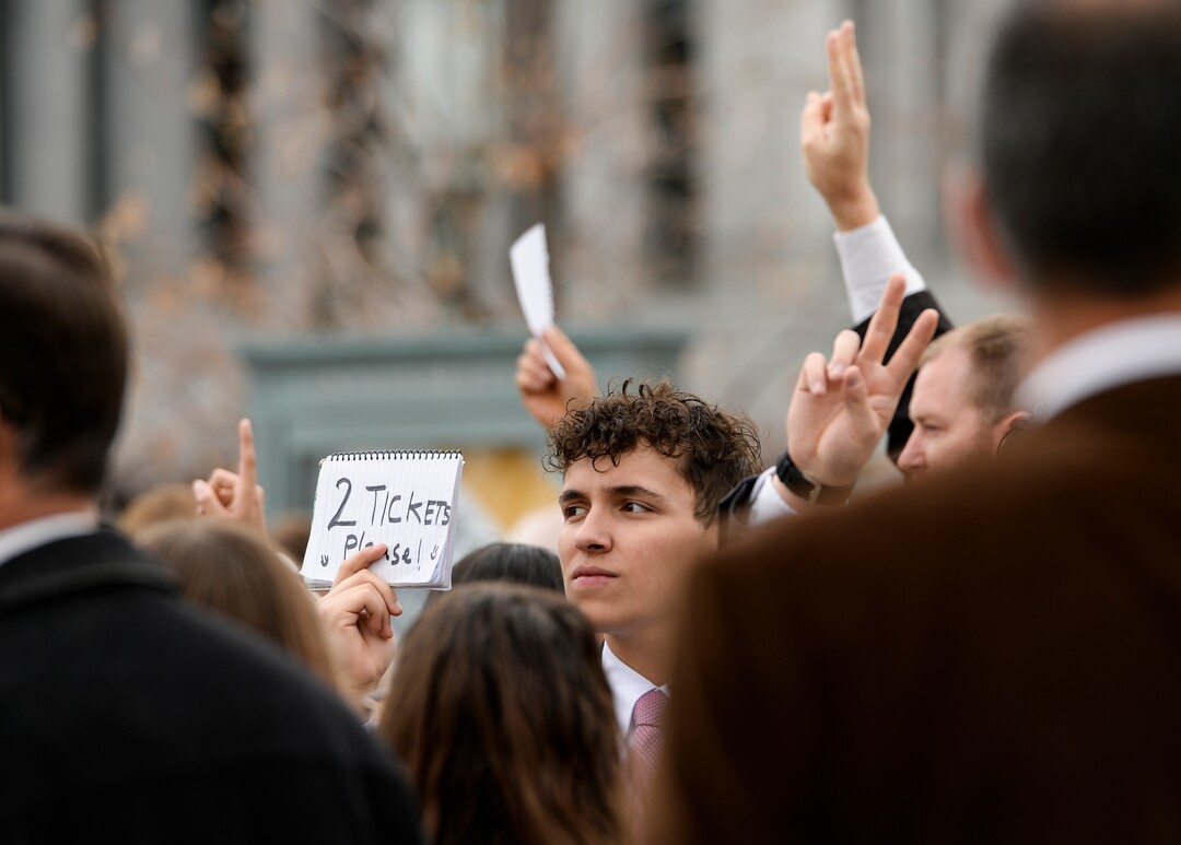 Leah Hogsten  |  The Salt Lake Tribune Hundreds sought extra tickets to the afternoon session of the 189th Annual General Conference of The Church of Jesus Christ of Latter-day Saints, April 6, 2019 in Salt Lake City. 
