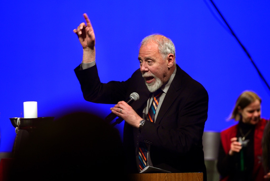 Scott Sommerdorf   |  The Salt Lake Tribune  Rev. Tom Goldsmith speaks as the First Unitarian Universalist Church celebrated their 125 year anniversary at the Marriott School of Dance, Sunday, February 28, 2016.