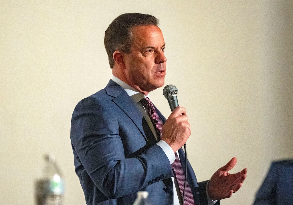 (Rick Egan | The Salt Lake Tribune)  Brad Wilson answers a question during the GOP US Senate Debate at the Scera Center for the Arts in Orem, Wednesday, April 10, 2024.