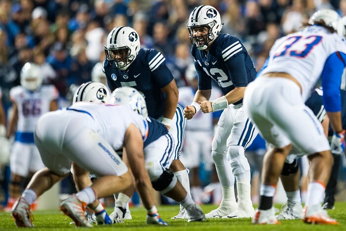 (Chris Detrick  |  The Salt Lake Tribune)  Brigham Young Cougars quarterback Tanner Mangum (12) during the game LaVell Edwards Stadium Friday, October 6, 2017. 
