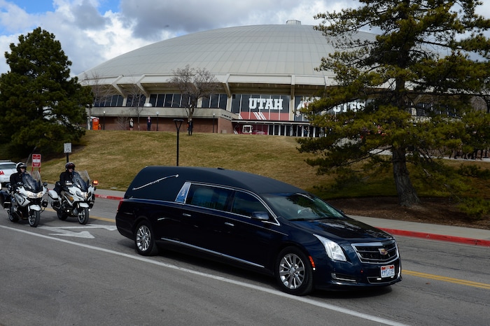 Scott Sommerdorf | The Salt Lake Tribune
The hearse carrying the casket of Jon Huntsman Sr., leaves the Huntsman Center at the University of Utah after the funeral services for Jon M. Huntsman, Sr., Saturday, February, 10, 2018. 
