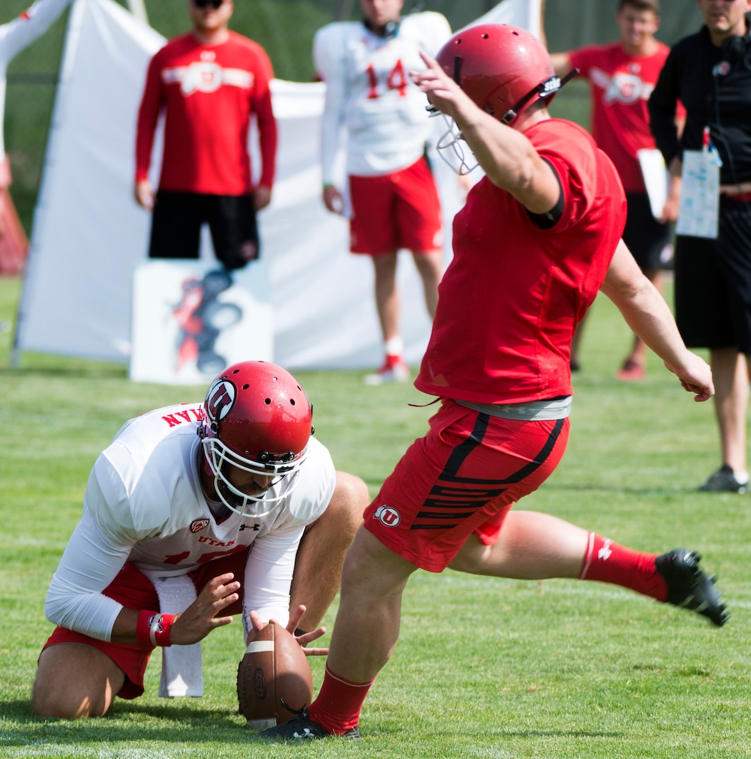 (Rick Egan  |  The Salt Lake Tribune)Ute Kicker Matt Gay, kicks a field goal during practice, Monday, August 7, 2017.